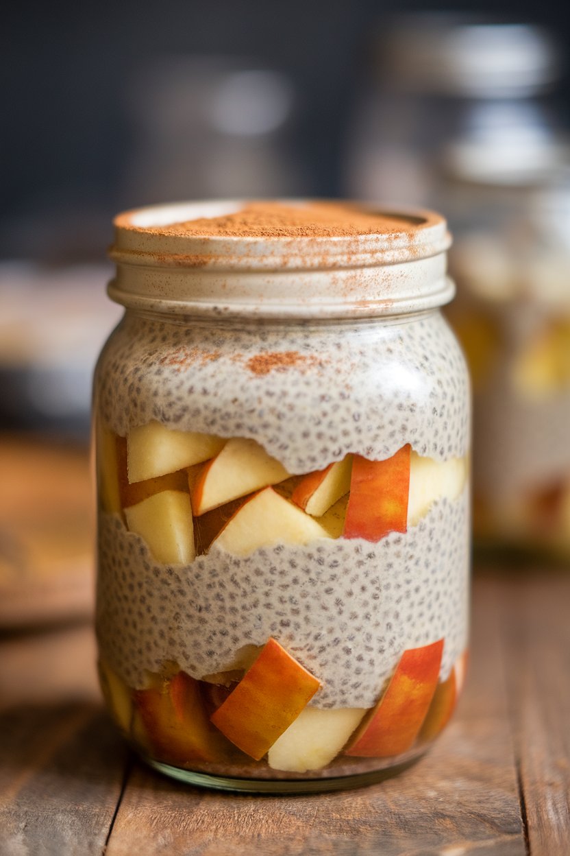 An indoor mason jar layered with spiced apple compote and creamy chia pudding, dusted with cinnamon. No logos or text.