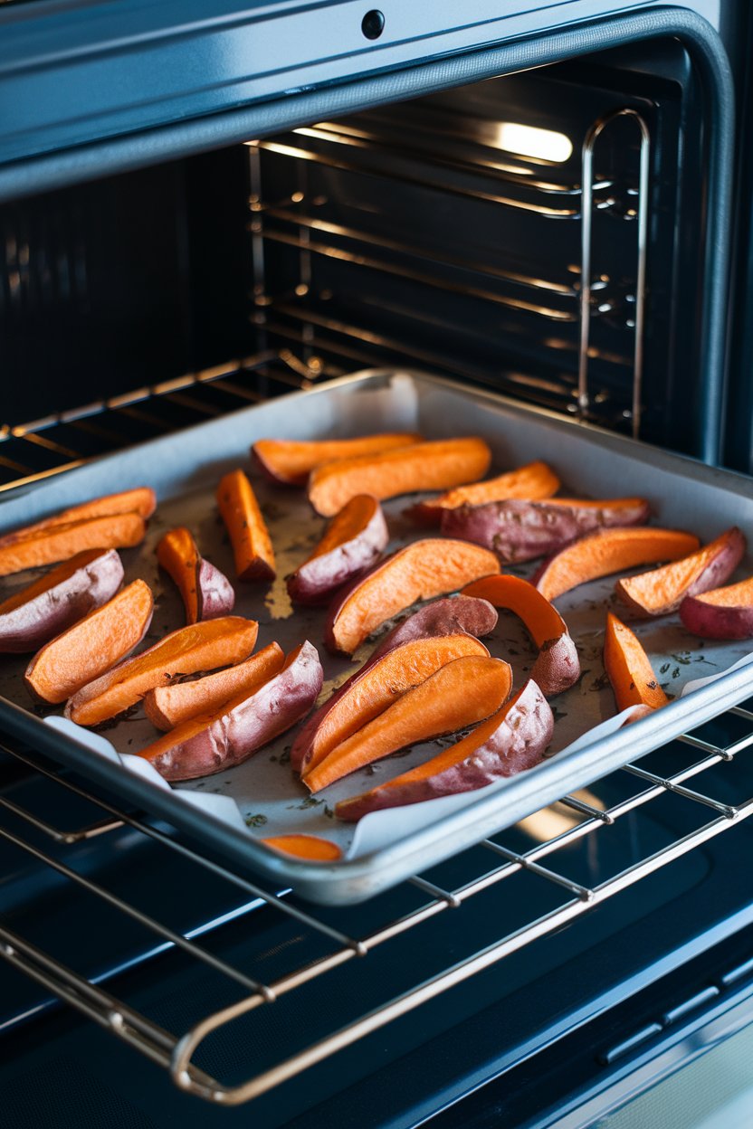 Photo — An indoor oven rack with a baking sheet of herb-roasted sweet potato wedges, golden and crisp. No text or logos.