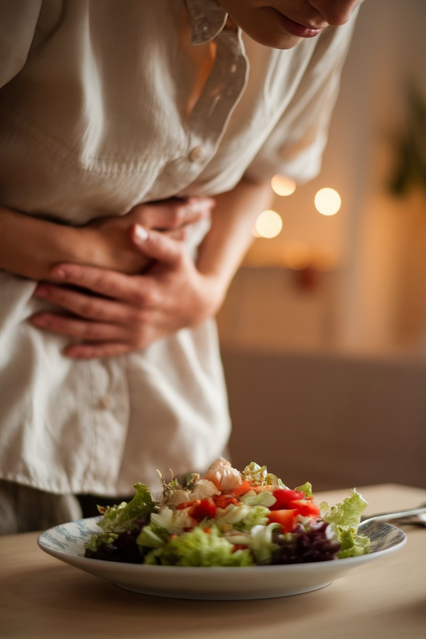 A person pausing before eating, hand on stomach thoughtfully, plate of salad in foreground, indoor soft focus.