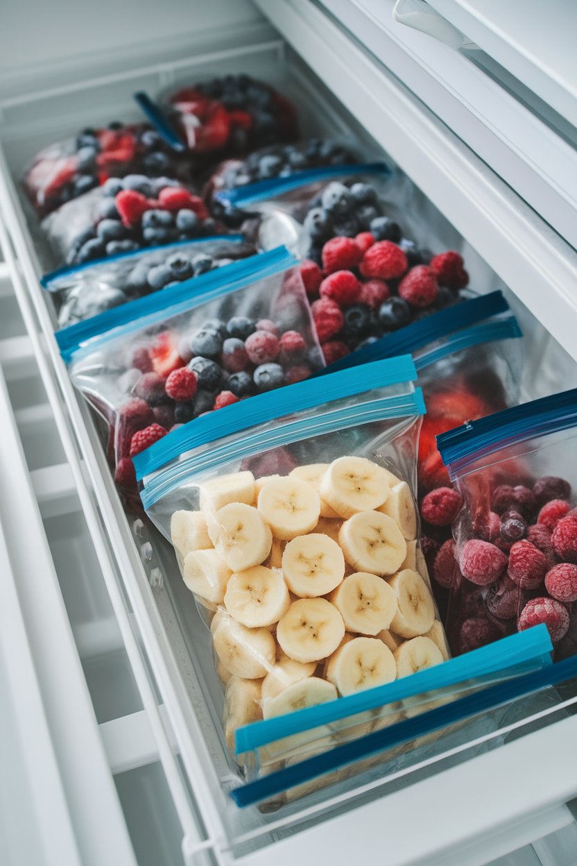 Indoor freezer drawer photo showing zip-top bags of frozen banana slices and berries, no text or logos.