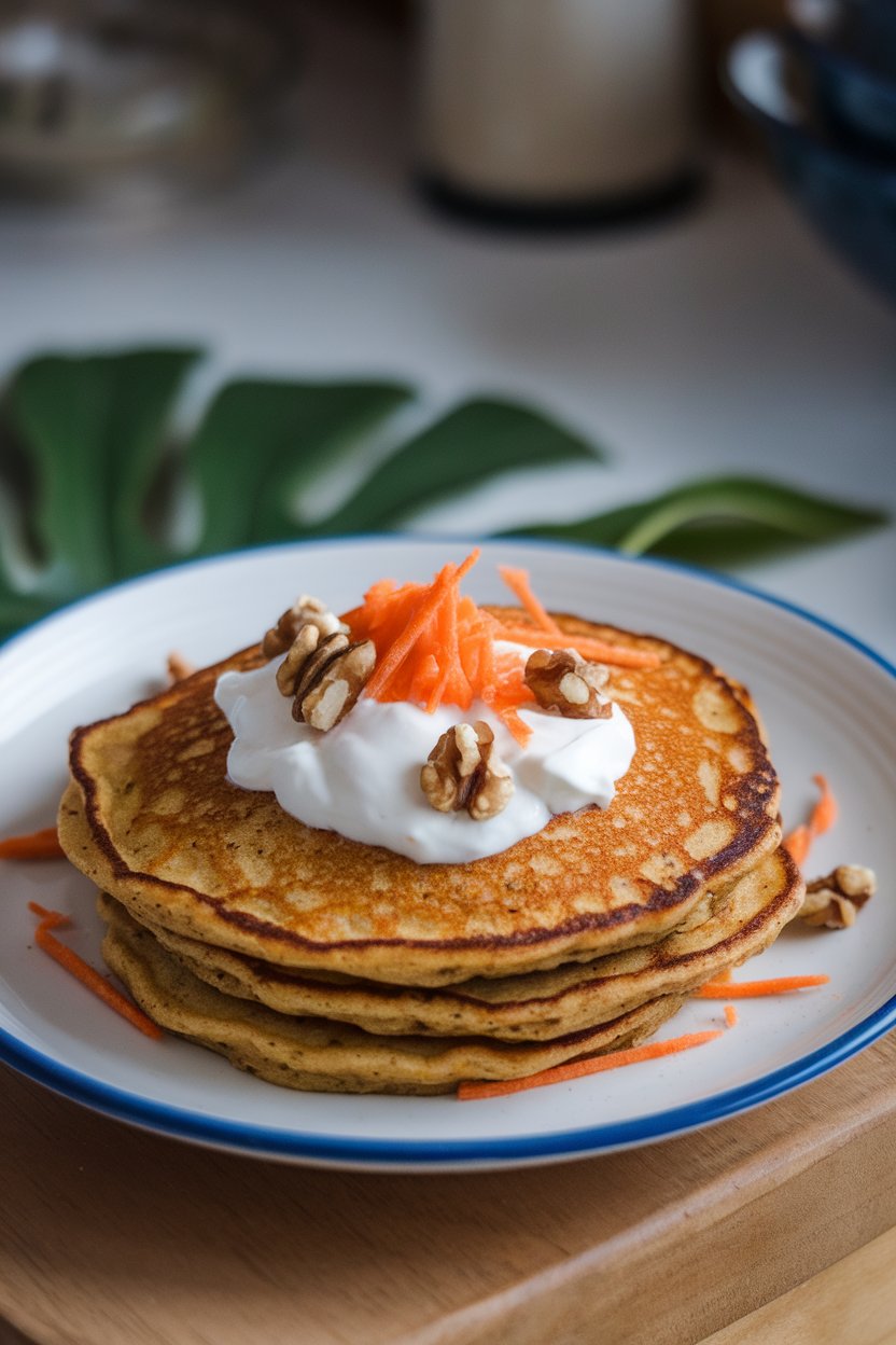 Indoor breakfast table with carrot-flecked pancakes, a dollop of Greek yogurt “frosting,” and a sprinkle of grated carrot and walnuts. No logos, photo not illustration.