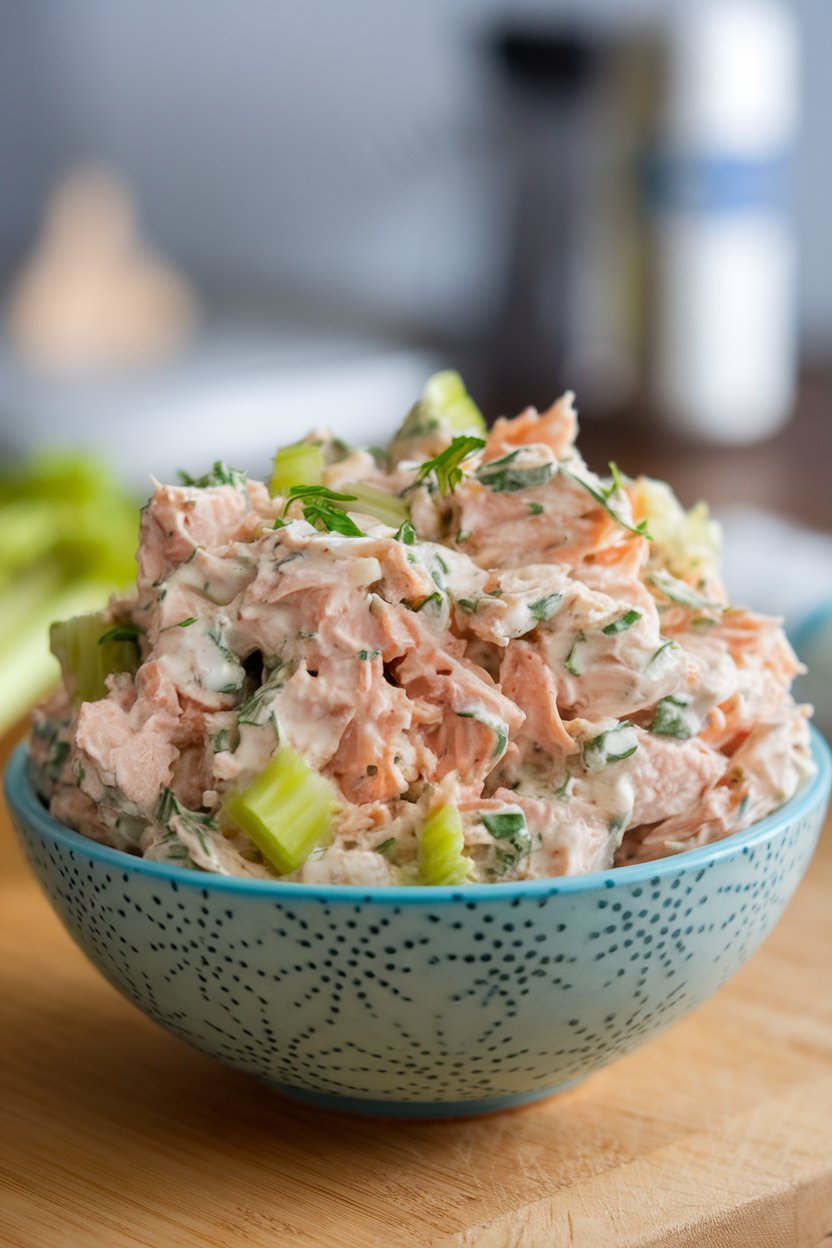 Bowl of traditional tuna salad made with Greek yogurt, celery, and herbs, photographed indoors, no text or logos.