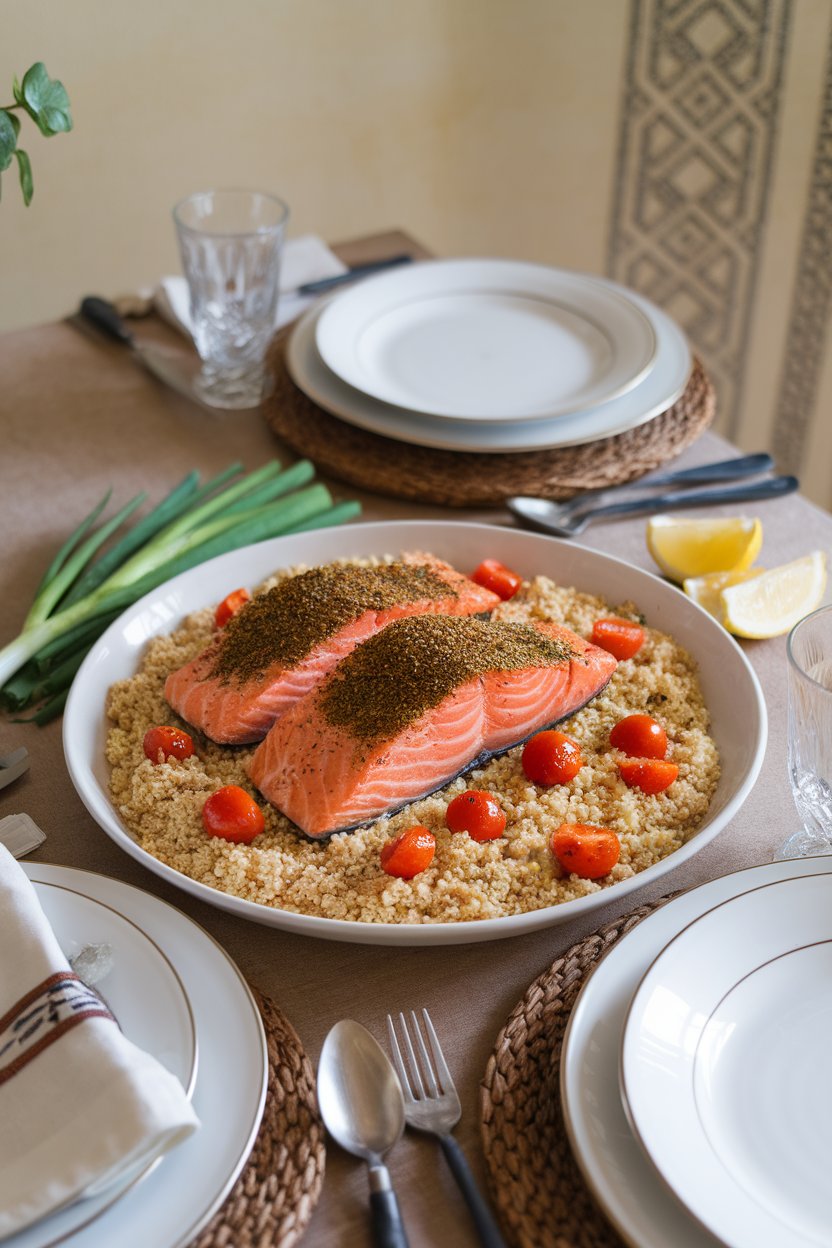 An indoor dining table featuring salmon fillets dusted with za’atar spice blend, resting on a bed of whole-wheat couscous studded with cherry tomatoes. No logos or text in sight.