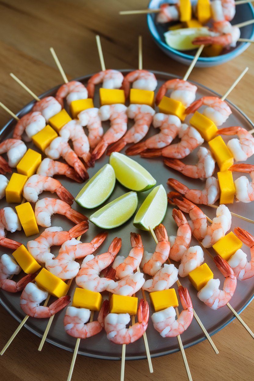 Photo of cooked shrimp and mango cubes threaded on skewers, placed on an indoor platter with lime wedges. No text or logos.