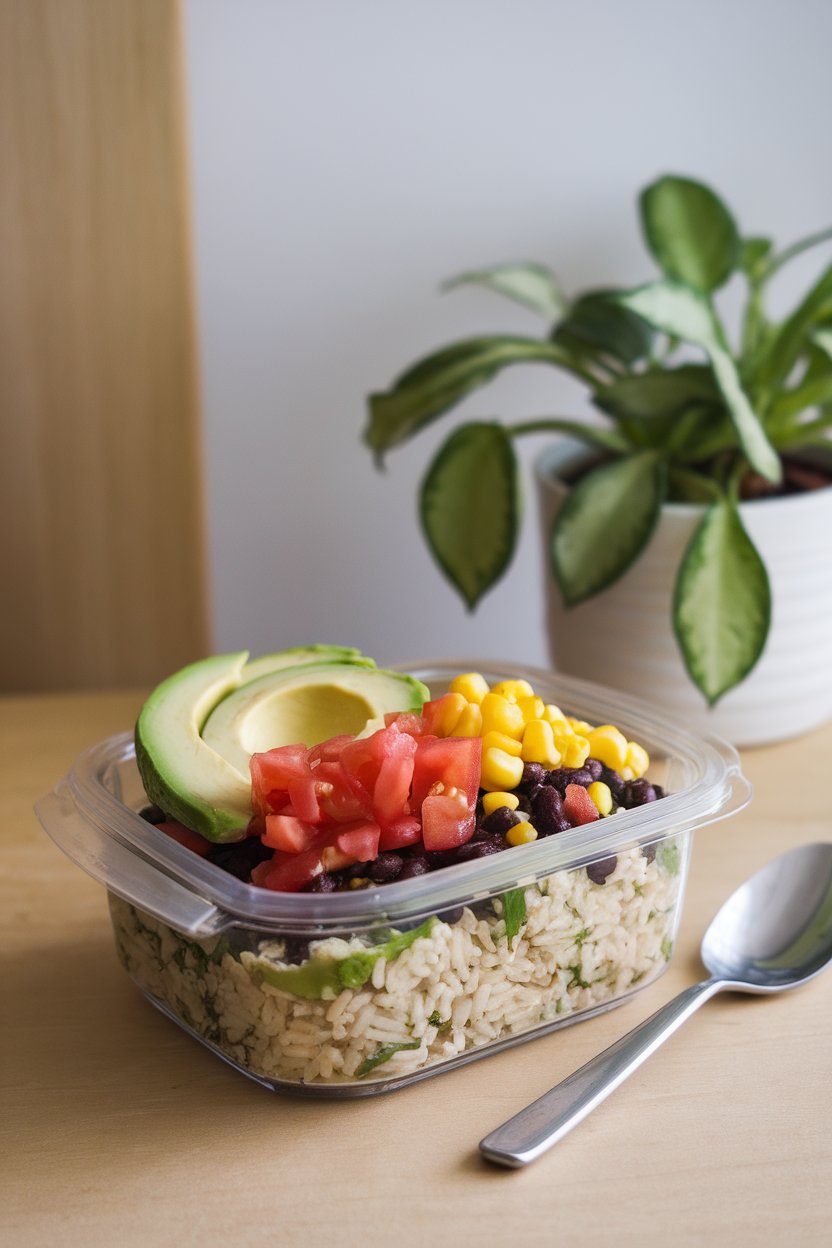 A meal-prep container indoors featuring cilantro-lime brown rice topped with black beans, corn kernels, diced tomatoes, and sliced avocado. No logos or text.