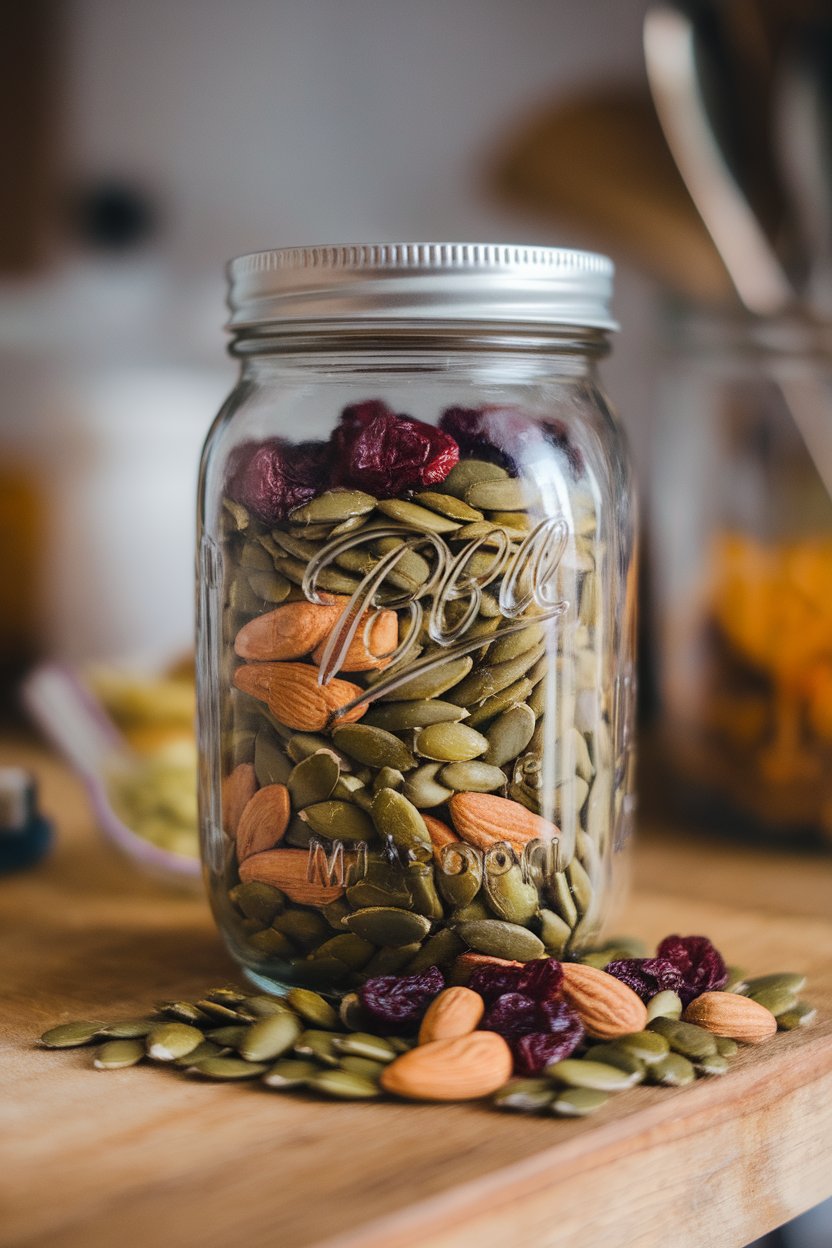 An indoor mason jar filled with pumpkin seeds, almonds, and dried cranberries spilling slightly onto a wooden surface; no logos.