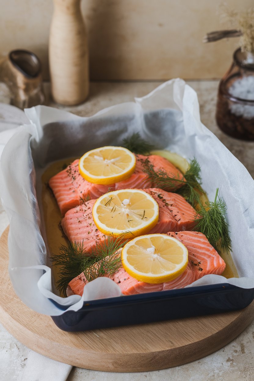 Indoor dining table with a parchment-lined dish of cooked salmon fillets topped with lemon rounds and fresh dill. No raw fish, no text or logos; photo.
