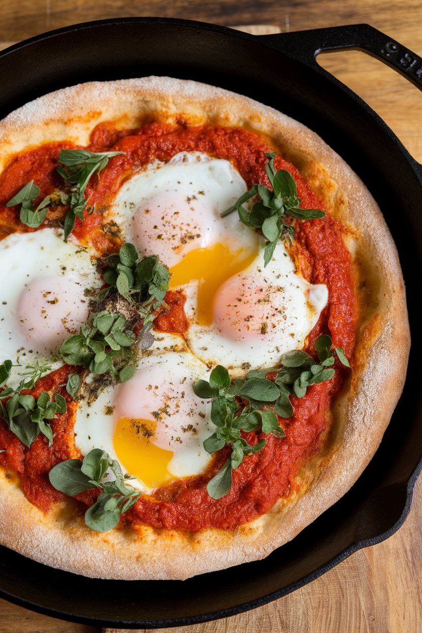 Indoor photo of chickpea-crust pizza with poached egg centers, spicy tomato sauce, and herbs on a cast-iron pan, no text or logos