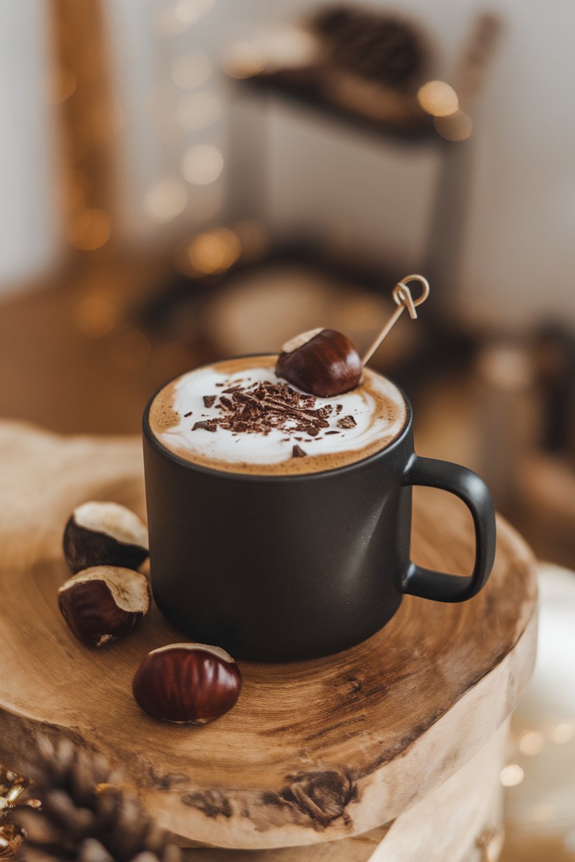 Indoor scene with a matte black mug filled with frothy chestnut latte, topped with shaved dark chocolate and a single roasted chestnut on a cocktail pick. No text or logos. Photo, not illustration.