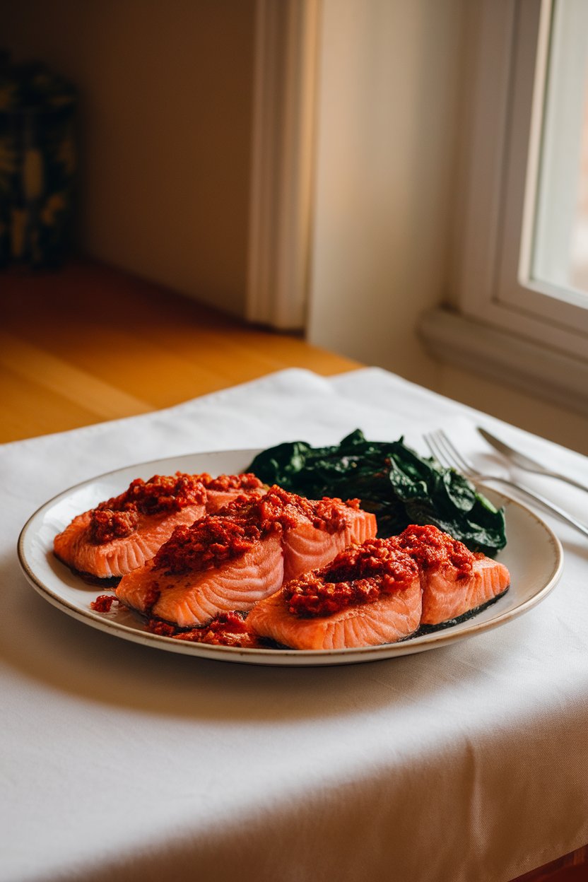 An indoor kitchen table featuring salmon fillets coated with vibrant red sun-dried tomato pesto, served with sautéed spinach. No text or logos in scene.