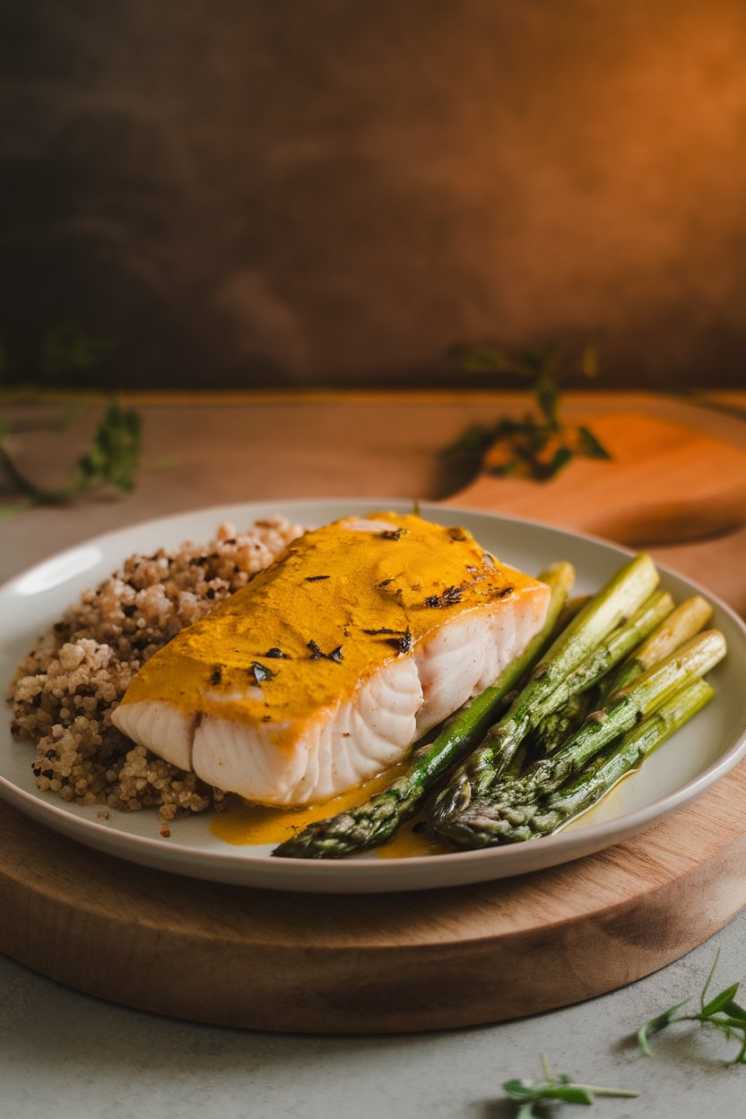 Indoor photo of flaky cooked cod fillet with a yellow turmeric glaze, plated alongside fluffy quinoa and roasted asparagus, indoors with warm lighting. No text or logos.