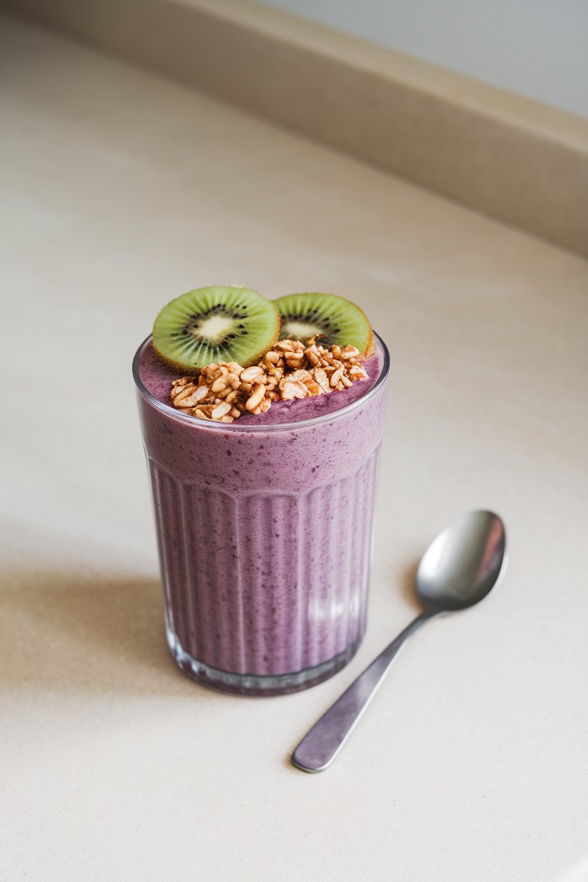 Indoor countertop featuring a purple acai smoothie in a tall glass, topped with sliced kiwi and granola. No brand names or text.