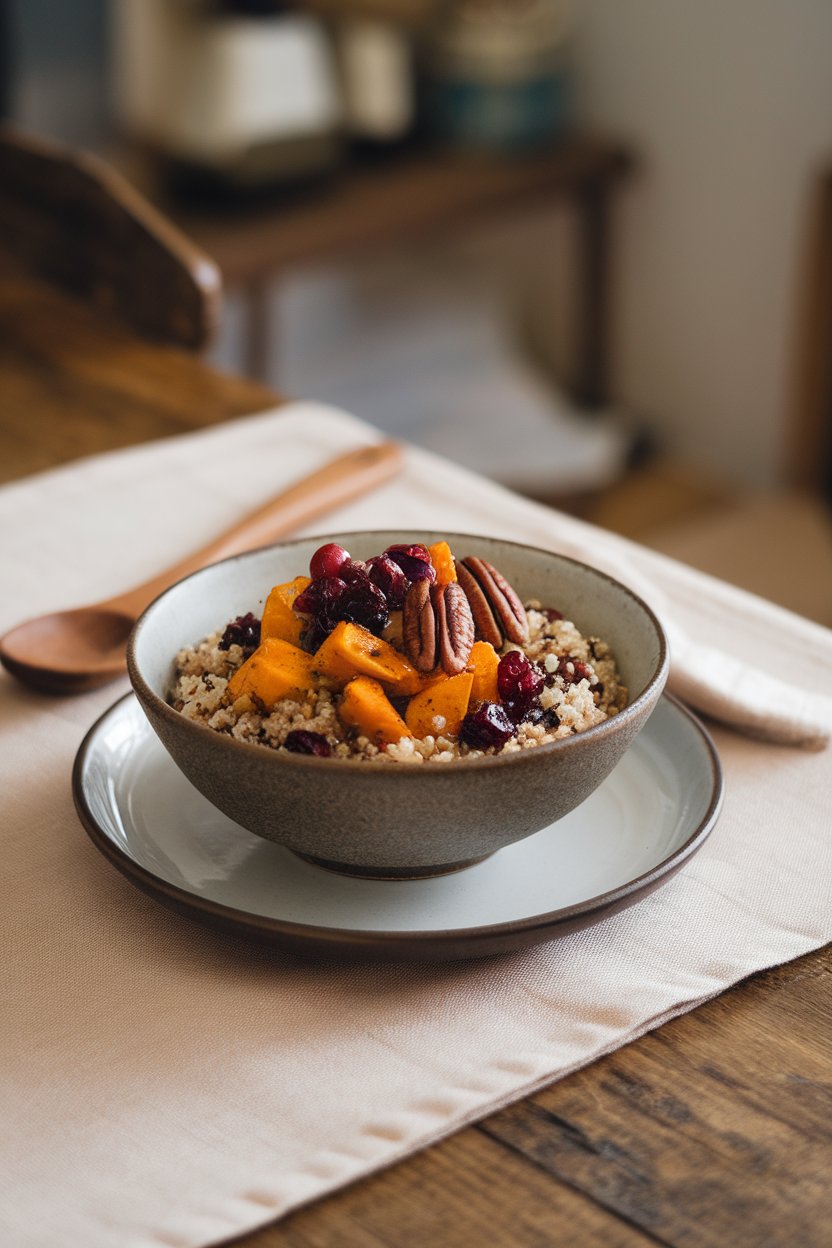 Photo of an indoor wooden dining table featuring a bowl of quinoa topped with roasted pumpkin, cranberries, and toasted pecans. No text or logos visible.
