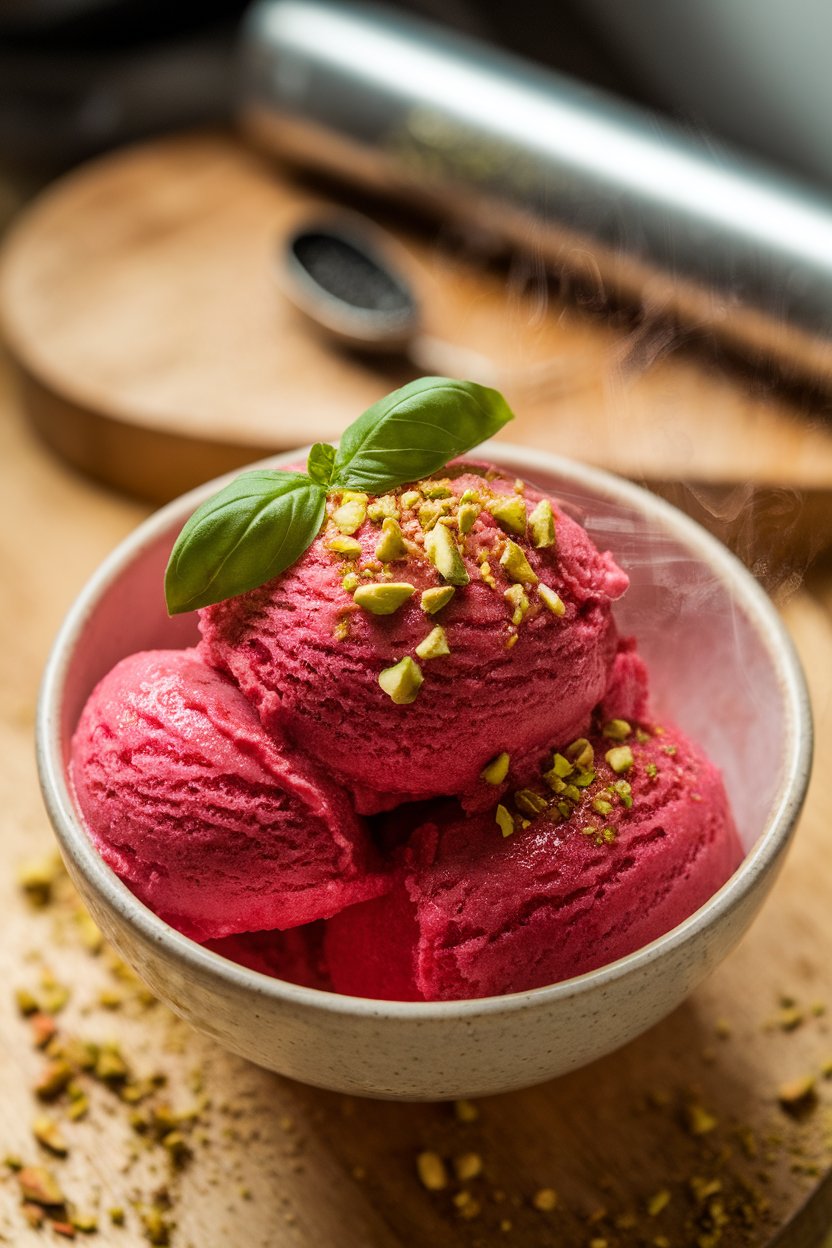 An indoor bowl of vibrant pink sorbet with a small basil leaf garnish, slight condensation on the bowl hinting at frostiness. No logos or text.