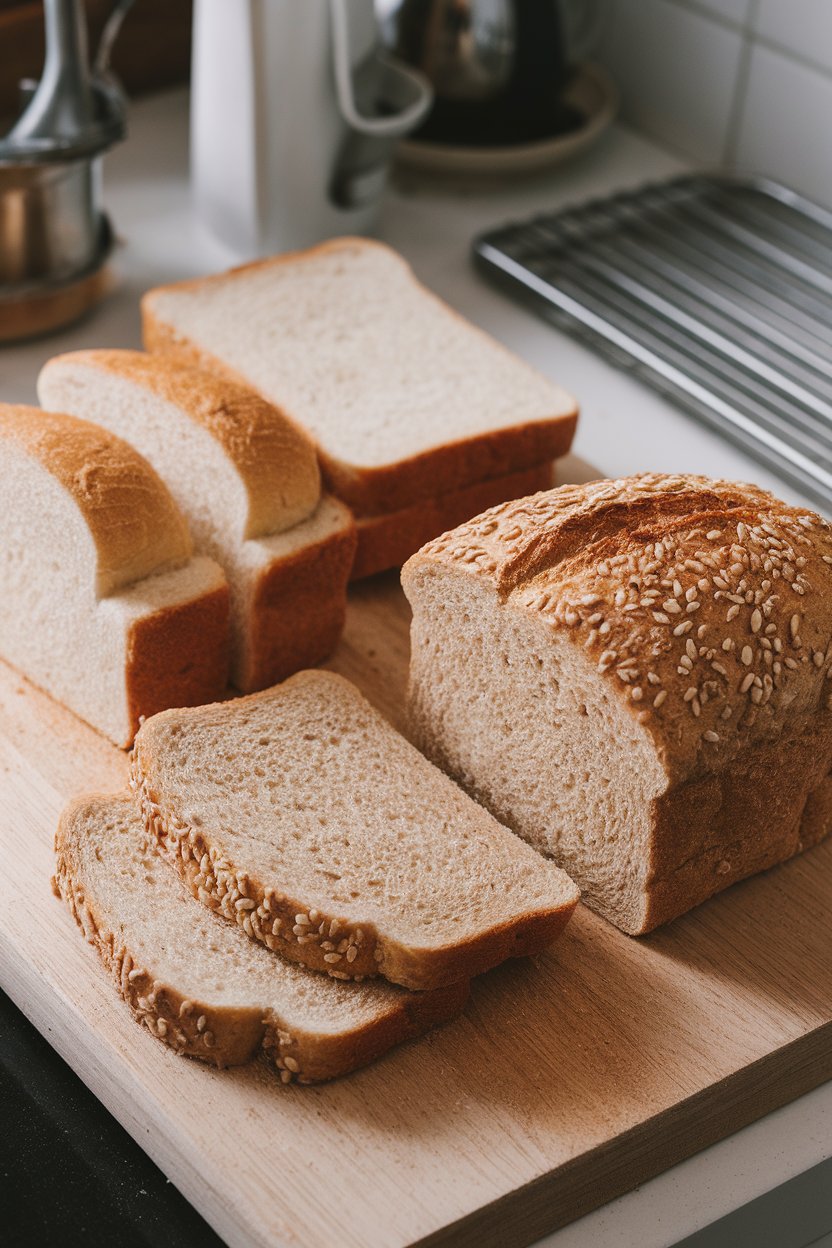 An indoor kitchen cutting board displaying slices of sprouted grain bread next to a few slices of white bread, no text or logos, photo only