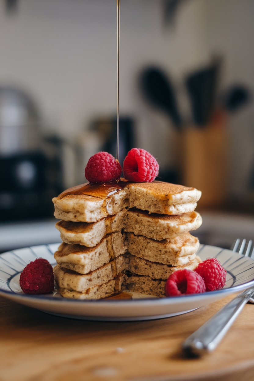 Indoor photo of a short stack of fluffy oat pancakes topped with fresh raspberries and a drizzle of maple syrup, no text or logos