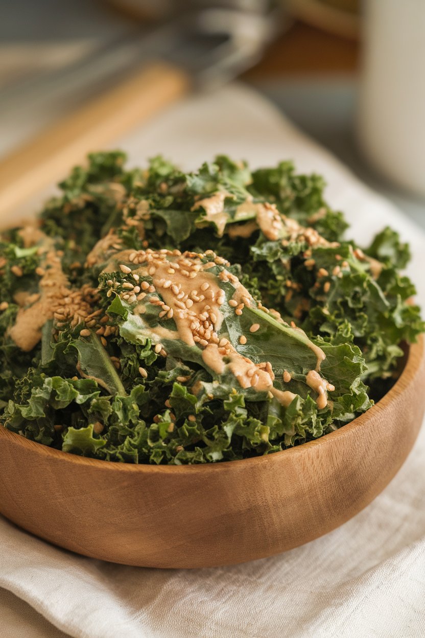 Indoor wooden bowl of massaged kale dressed in lemon tahini sauce, sprinkled with sesame seeds. No branding or text.