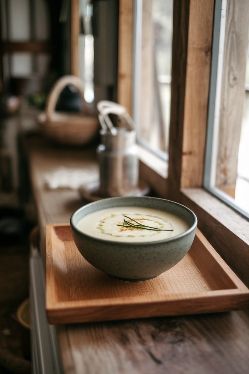Indoor farmhouse windowsill scene with a bowl of smooth potato leek soup, drizzle of chive oil on top. No text or logos. Photo.