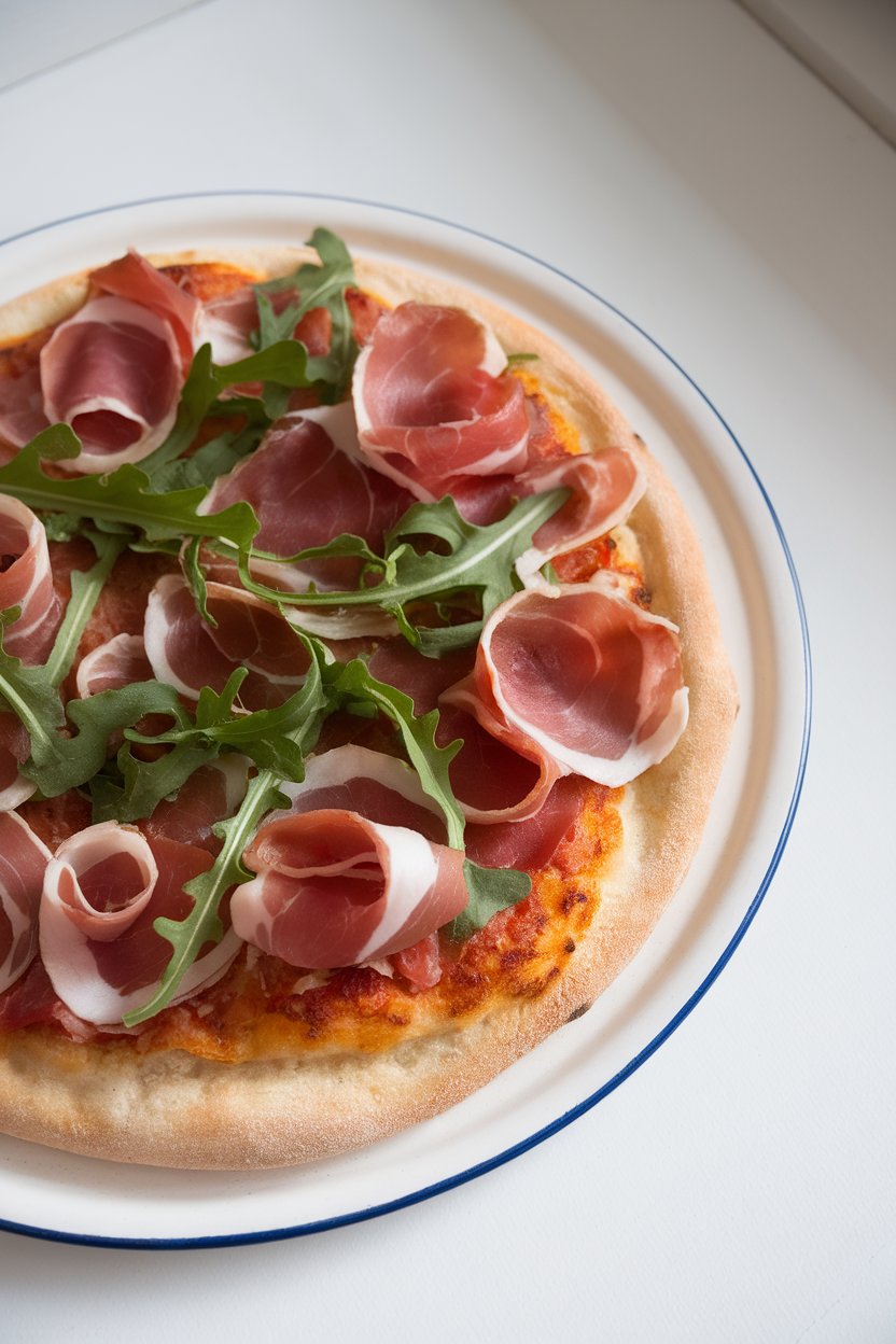 Indoor photo of Greek yogurt crust pizza topped with prosciutto ribbons and fresh arugula on a white platter, no text or logos