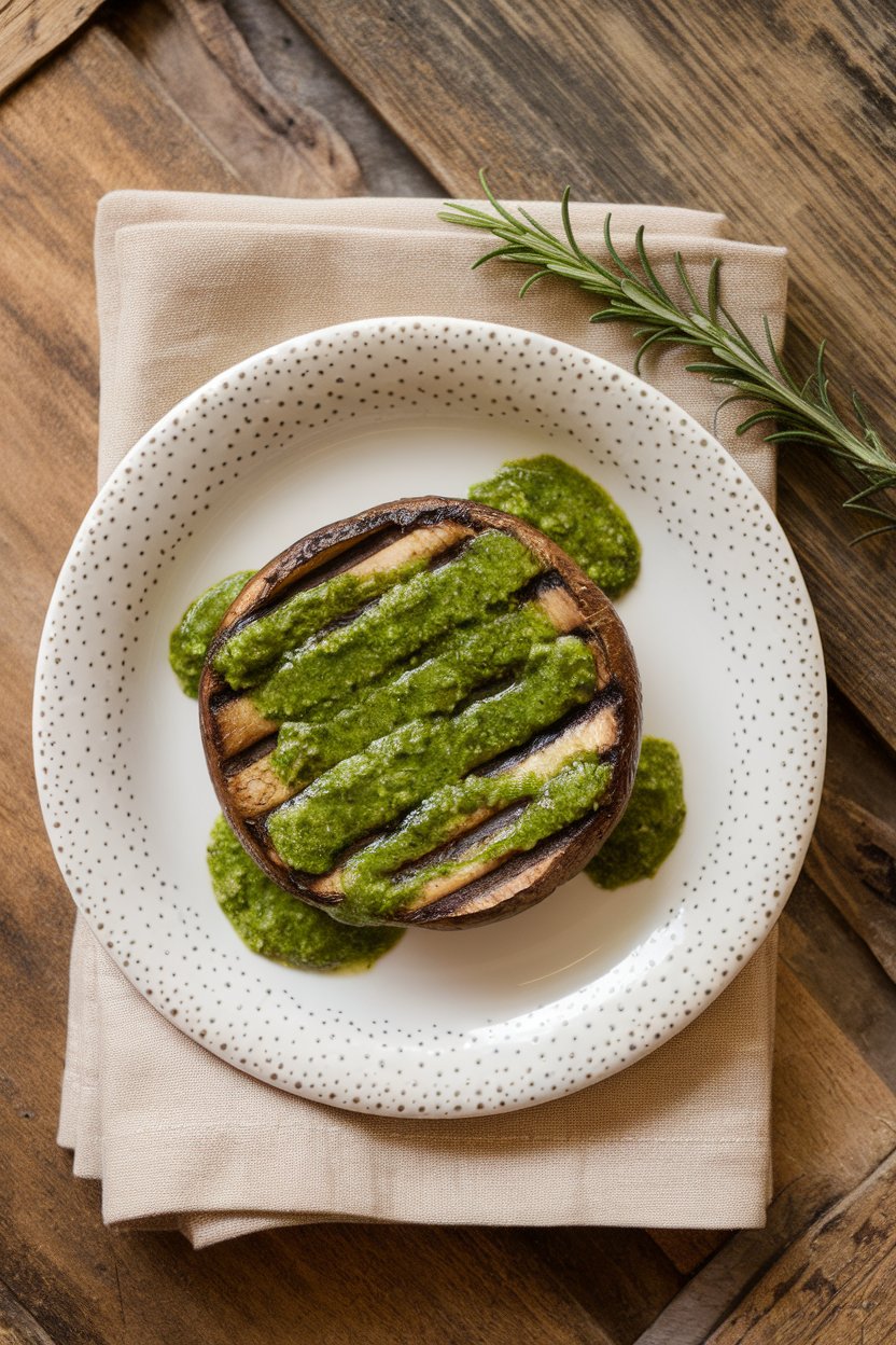 Indoor plate showing grilled portobello caps drizzled with bright green chimichurri sauce. No text or logos; photo.