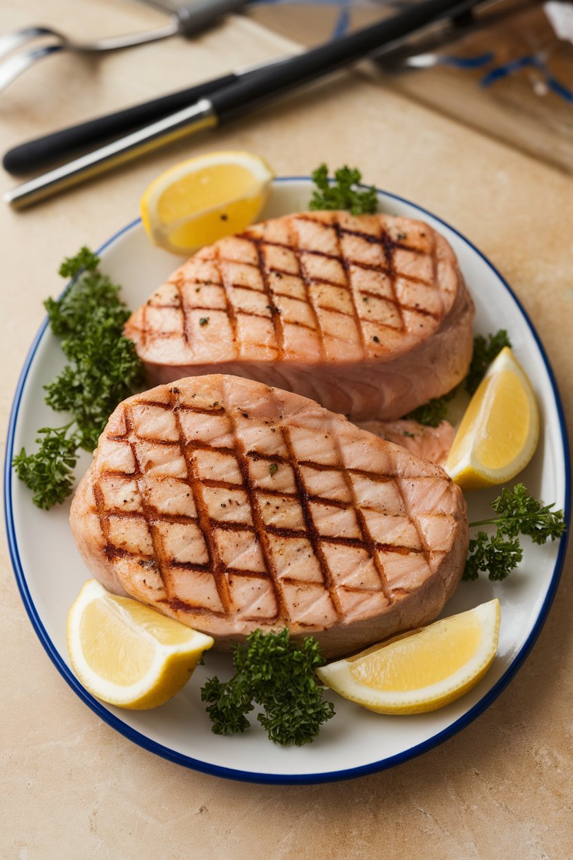 A plate indoors displaying cooked swordfish steaks with cross-hatched grill marks, garnished with lemon wedges and parsley; no text or logos.