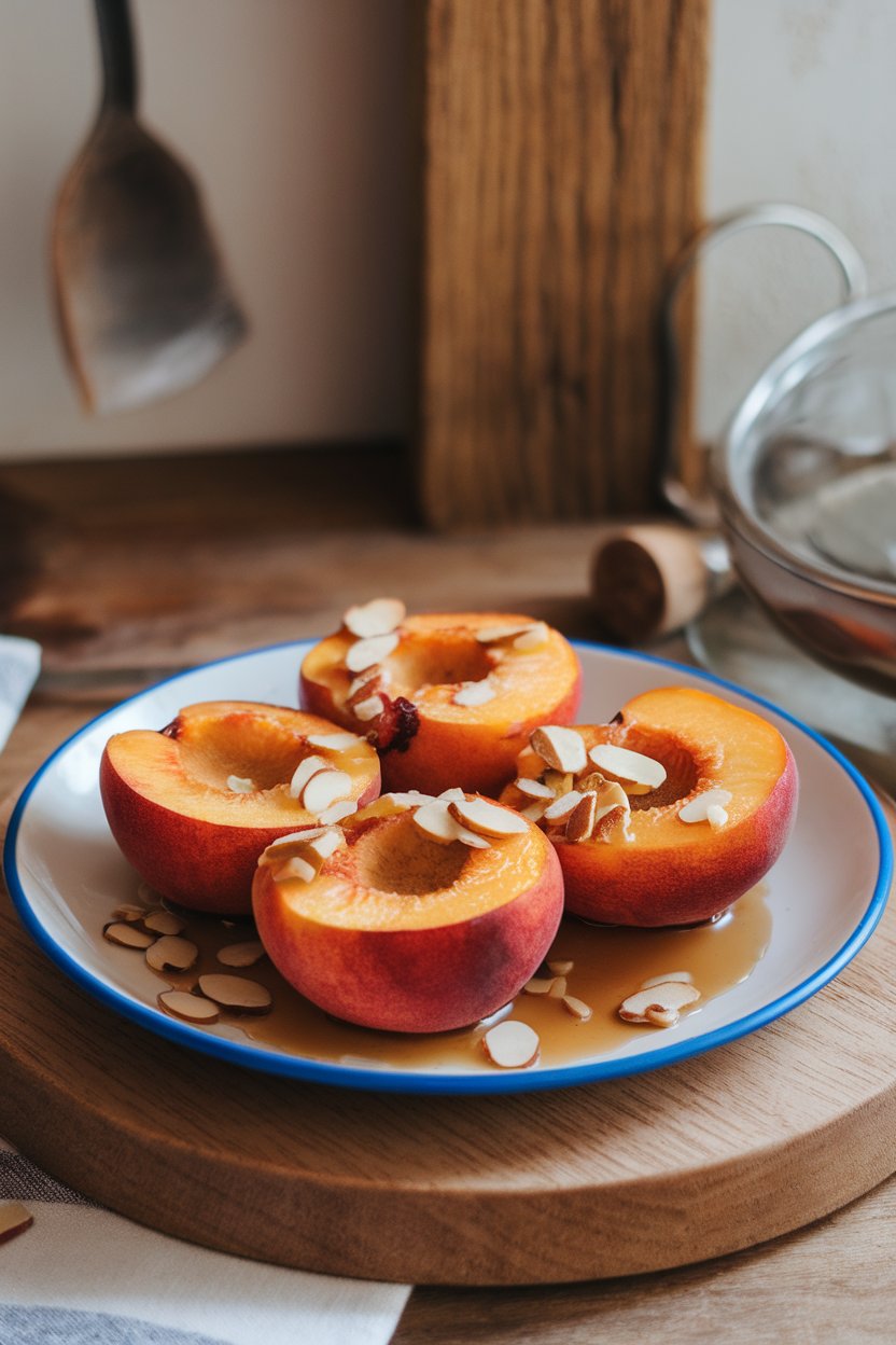 An indoor plate holding warm baked peach halves drizzled with maple syrup and sprinkled with sliced almonds. No logos or text.