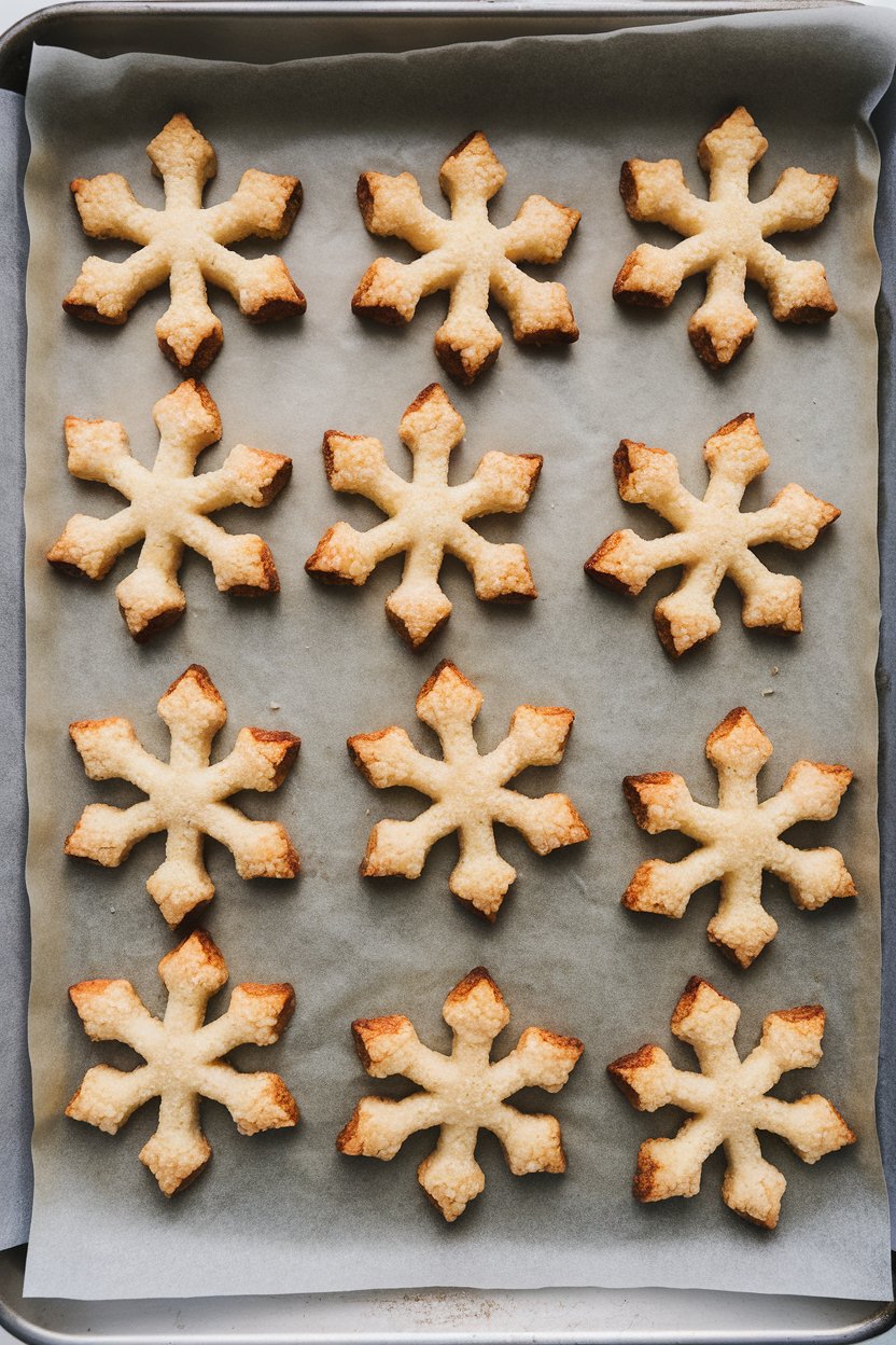 Photo of a parchment-lined indoor baking sheet holding coconut macaroons shaped like snowflakes, lightly toasted edges, no text or logos.