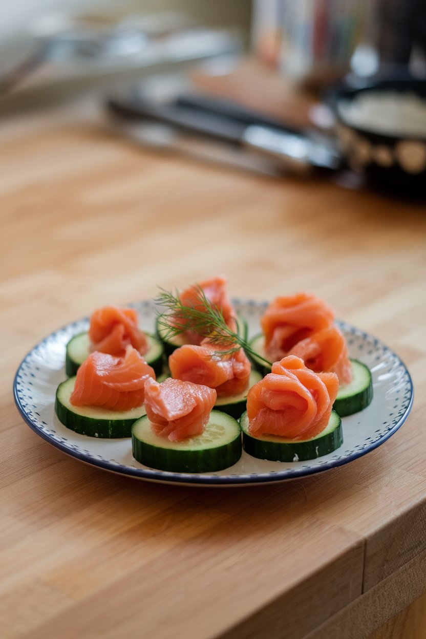A plate on an indoor countertop featuring cucumber rounds, each topped with a small fold of cooked smoked salmon and a dill sprig. No text or logos.
