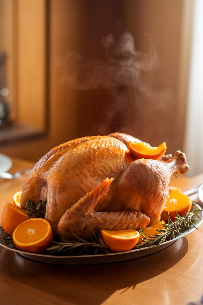 A warmly lit indoor dining table featuring a fully cooked golden-brown turkey resting on a platter with sprigs of rosemary and sliced oranges, steam gently rising—no text or logos anywhere. Photo, not illustration.