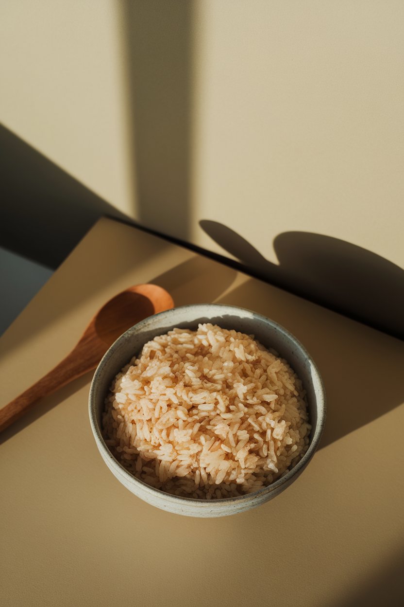 Indoor photo of a bowl of fluffy cooked brown rice with a wooden spoon resting beside it, gentle overhead lighting, no text or logos