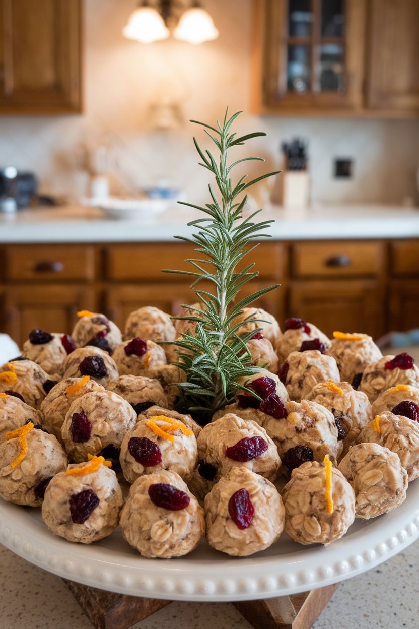An indoor countertop display of round oat bites studded with dried cranberries and orange zest. No text or logos.