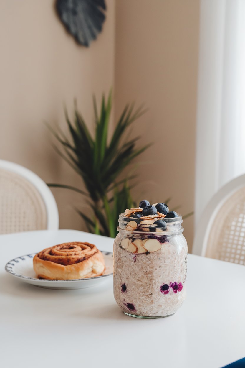 A bright indoor breakfast nook showing a glass jar filled with overnight oats swirled with blueberries and topped with sliced almonds and extra berries, photographed from eye level. No text or logos. Photo only.