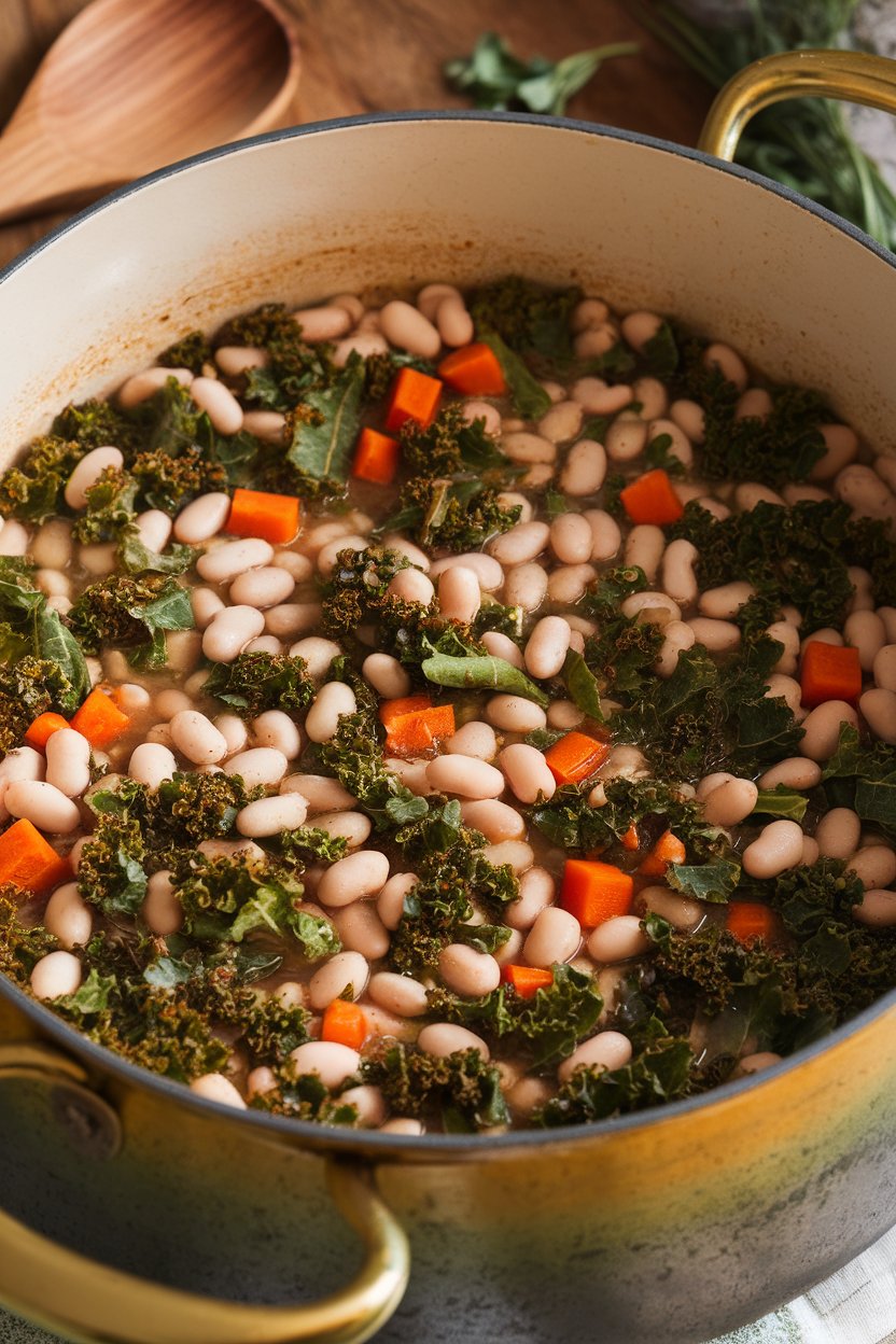Indoor soup pot filled with hearty white bean stew dotted with kale ribbons and diced carrots. No text or logos; photo.