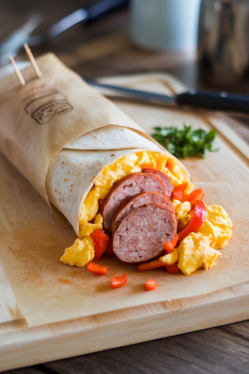 Indoor shot of a sliced breakfast burrito spilling lean turkey sausage, peppers, and scrambled eggs onto a cutting board. Photo, no text or logos.