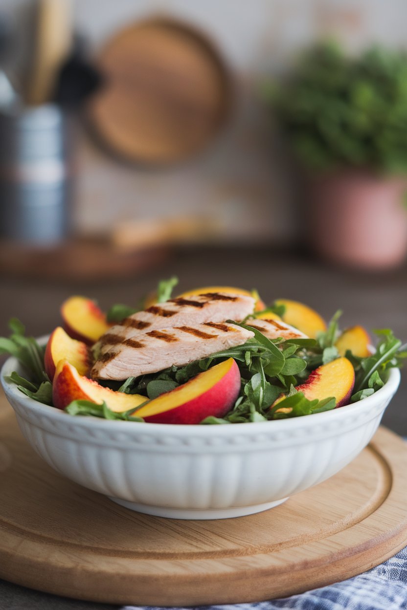 Indoor salad bowl featuring grilled chicken strips, ripe peach wedges, and peppery arugula. No text or logos anywhere.