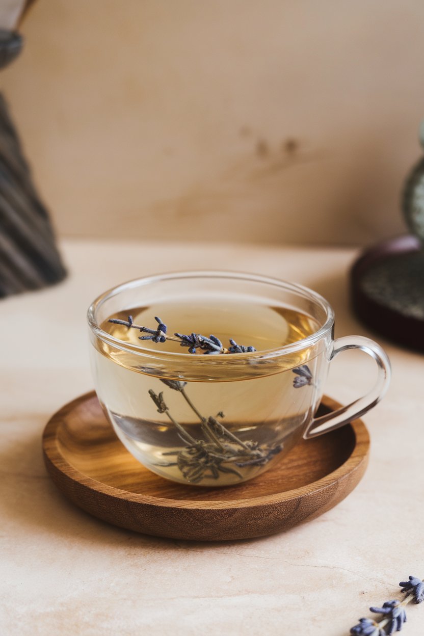 A photo of an indoor clear teacup containing pale herbal tea with a few lavender buds floating; no text or logos.