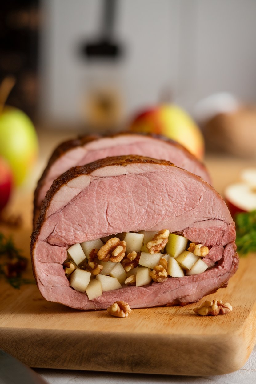 Indoor photo of sliced pork tenderloin showing a stuffing of diced pears and walnuts, set on a wooden board. No text or logos.