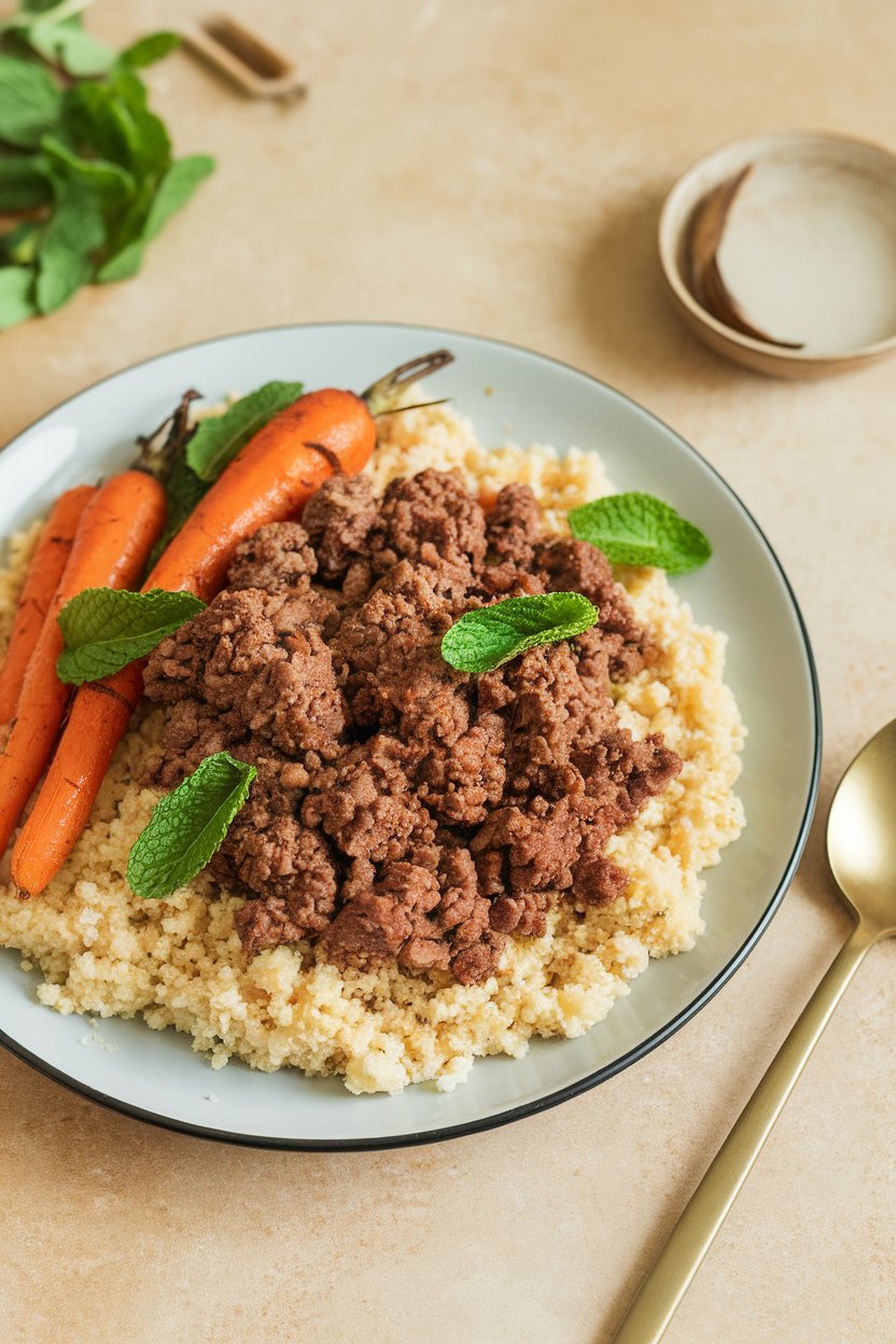 Indoor photo of spiced ground lamb, fluffy couscous, roasted carrots, and fresh mint leaves. No text or logos.