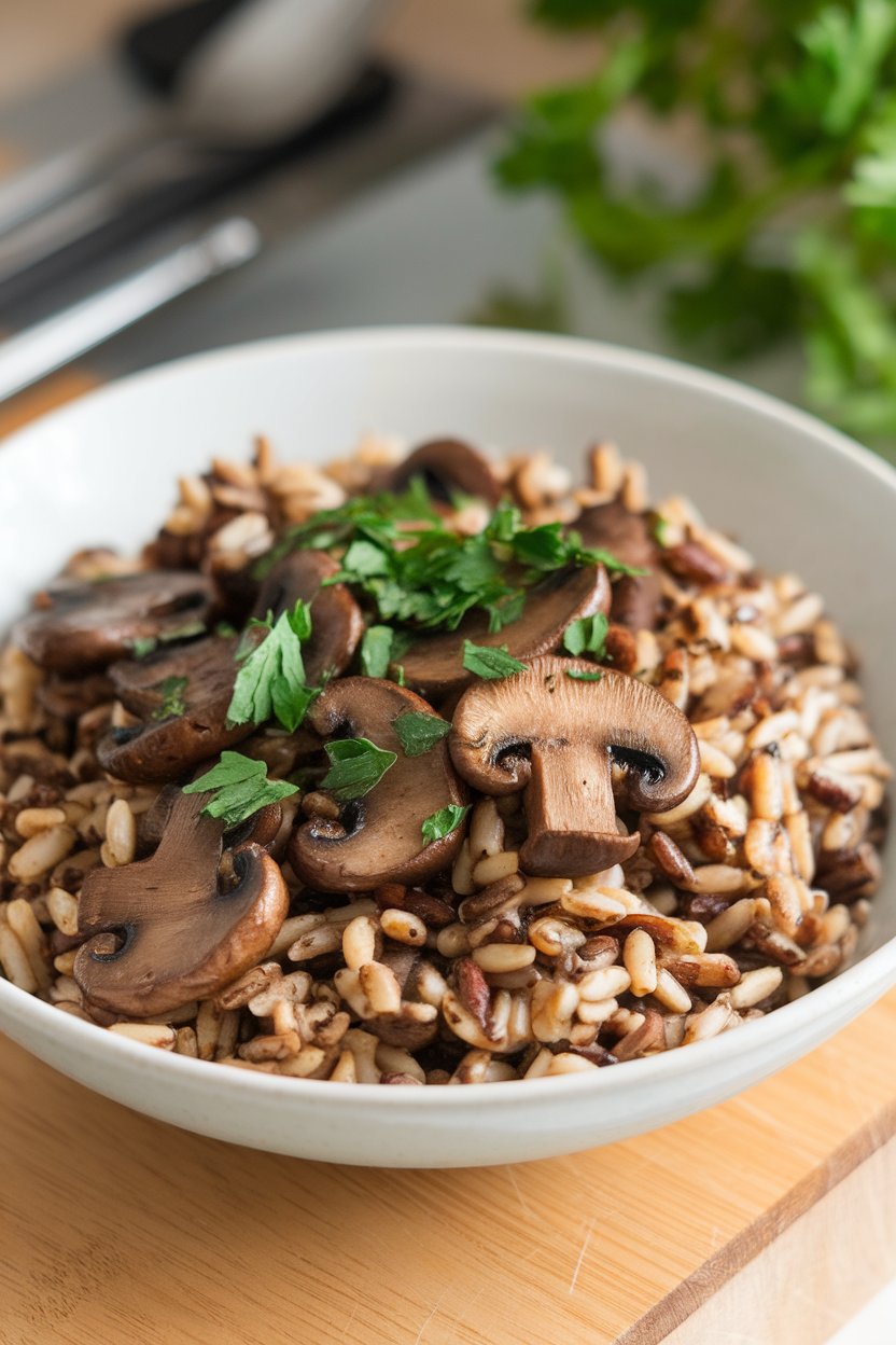An indoor plate containing wild rice blend pasta, sautéed mushrooms, and chopped parsley; no text or logos.
