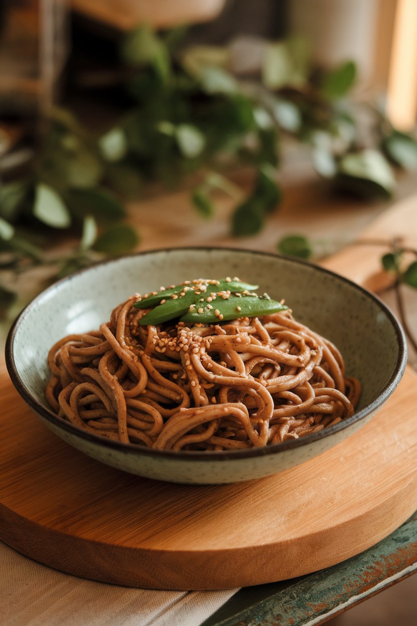 A shallow bowl indoors containing sautéed buckwheat soba noodles tossed with peanut sauce, sesame seeds, and snap peas. No text or logos.