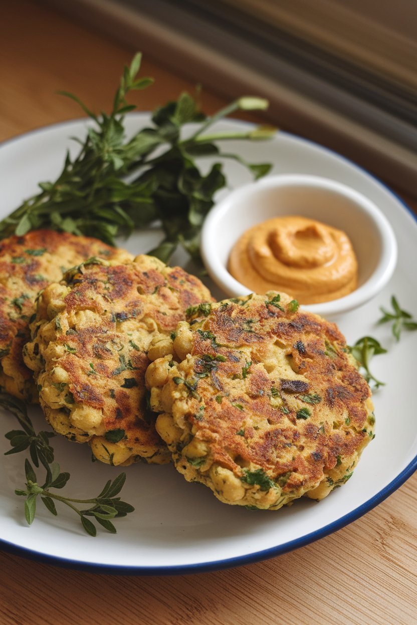 A white plate indoors holding herb-flecked chickpea patties, a small dish of mustard alongside; no text or logos, photo only