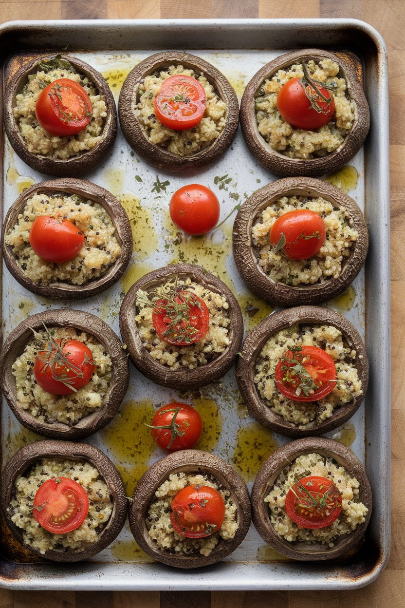 An indoor baking sheet of portobello caps filled with herb quinoa and cherry tomato halves; no text or logos, photo only