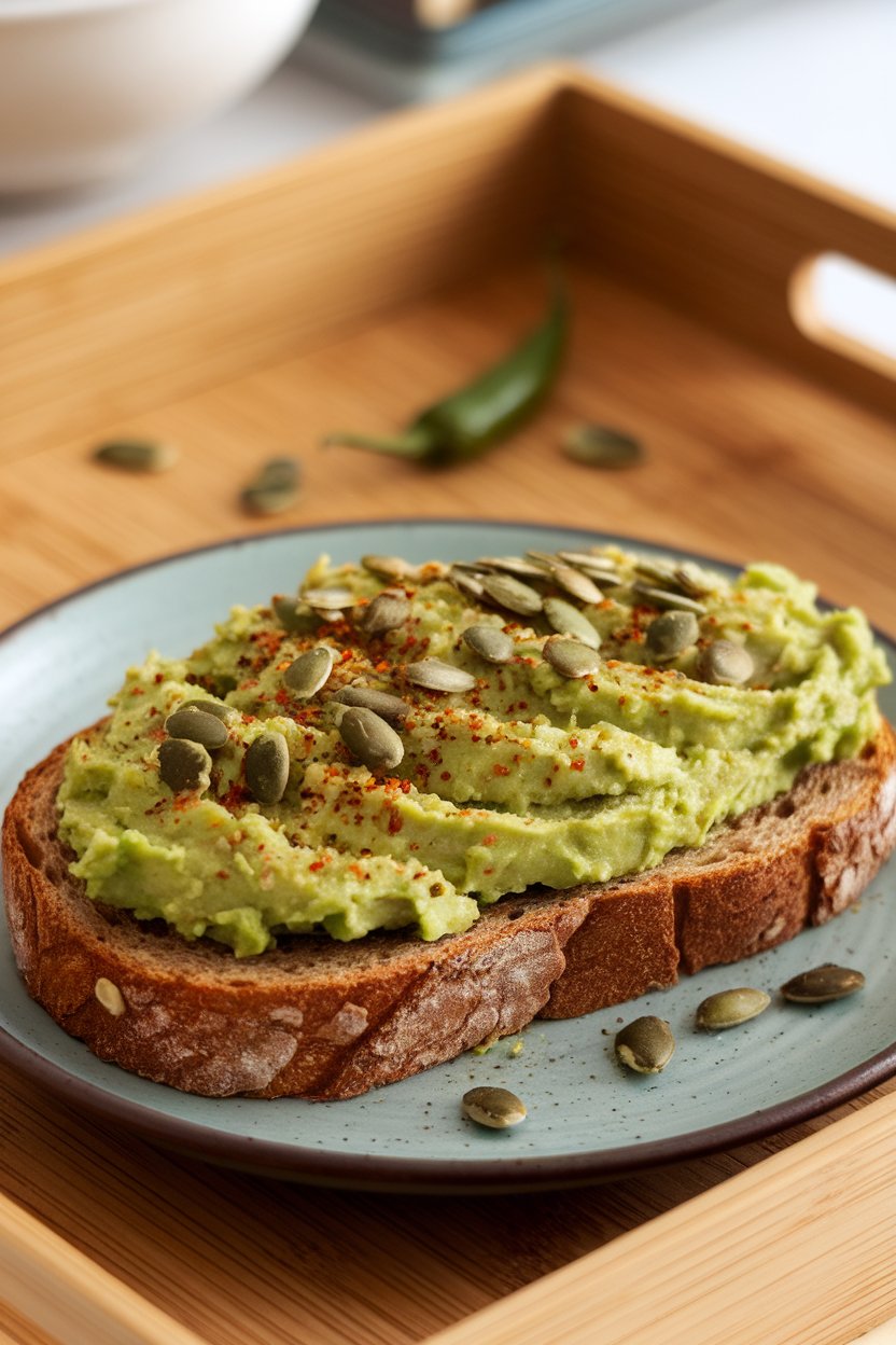 Close-up of a wooden breakfast tray indoors holding whole-grain toast spread with mashed avocado, sprinkled with chili flakes and pumpkin seeds. No text or logos, photo not illustration.