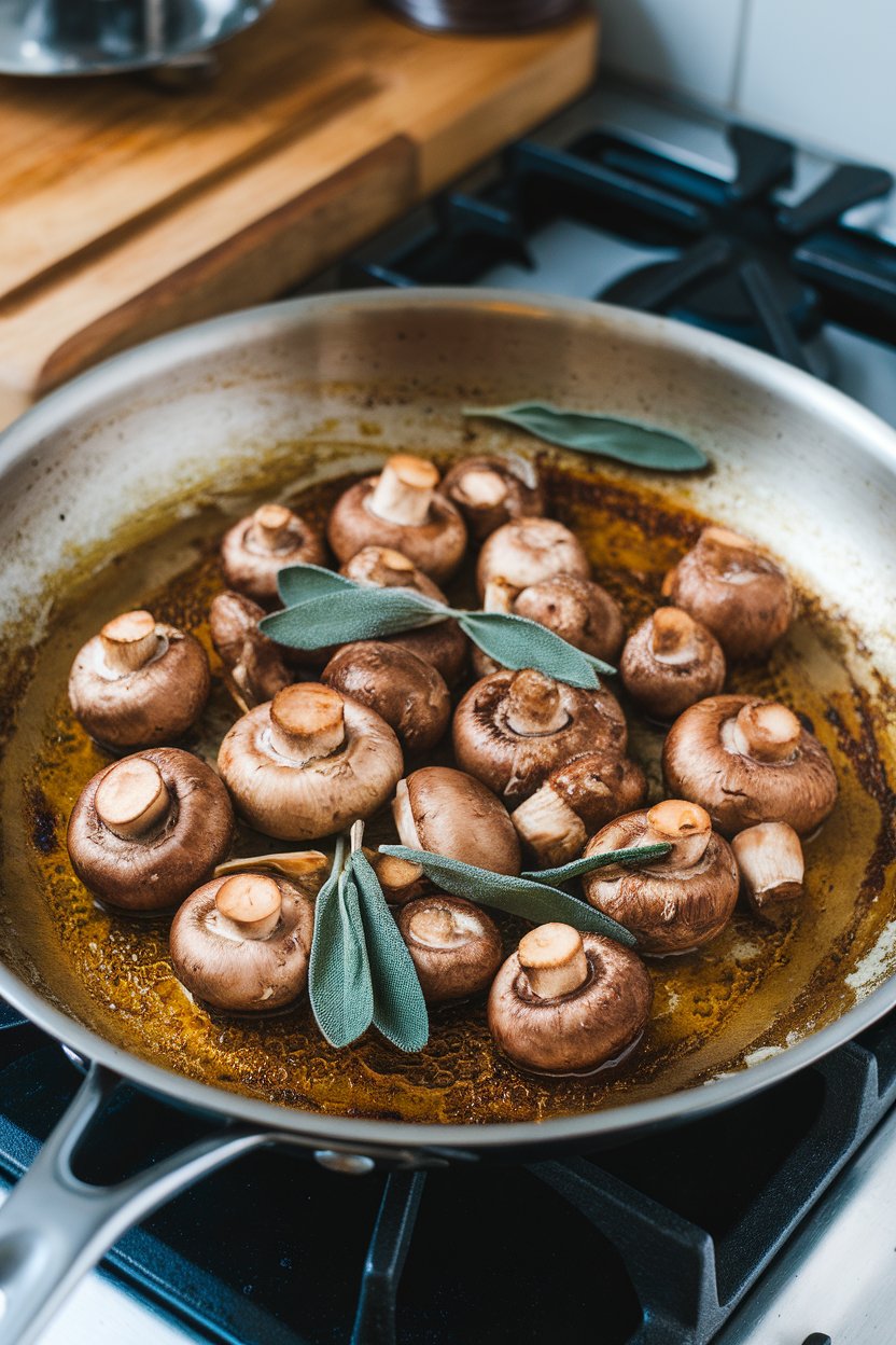 A skillet on an indoor stovetop with sautéed cremini mushrooms browned in butter and sage; no text or logos, photo only