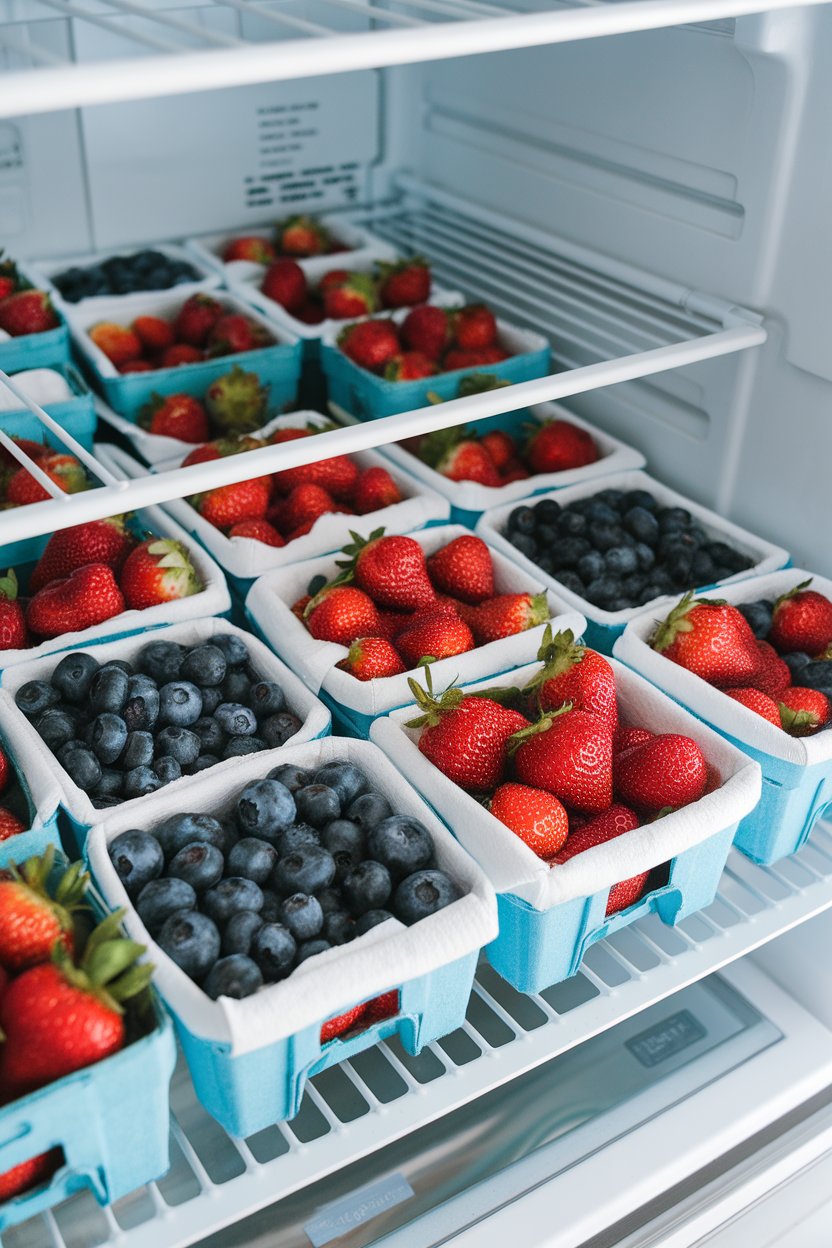 Indoor photo of an open refrigerator shelf holding berry cartons lined with white paper towels, strawberries and blueberries visible, no text or logos anywhere.