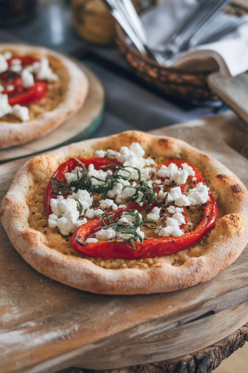 Indoor photo of lentil-flour pizza topped with roasted red peppers and crumbled goat cheese on a wooden board, no text or logos