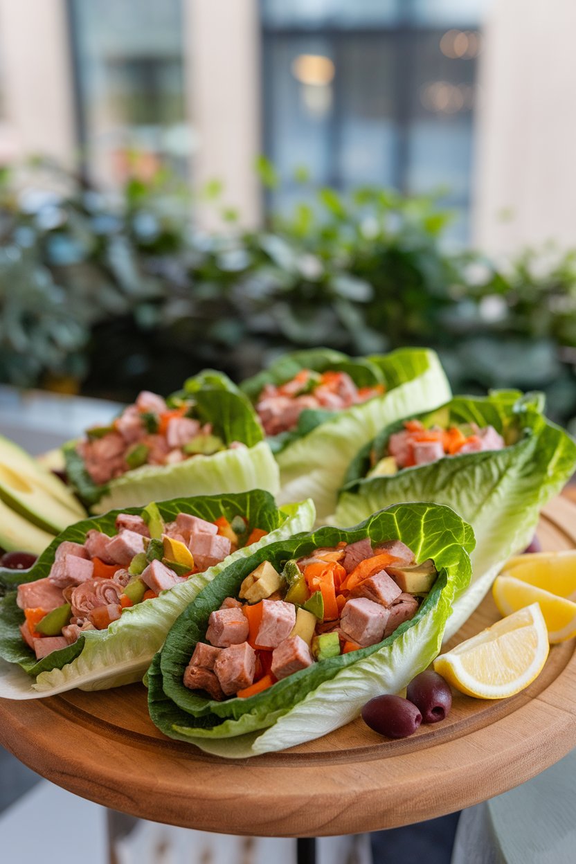 An indoor platter with romaine leaves wrapped around diced turkey, veggies, and avocado slices; no text or logos, photo only