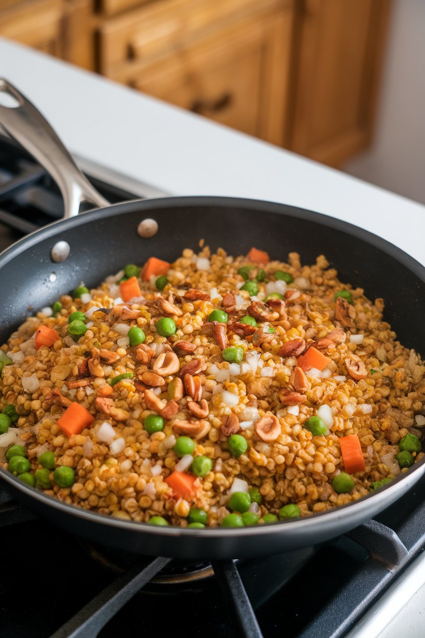 An indoor stovetop view of a sauté pan filled with fluffy millet upma dotted with peas, carrots, and roasted peanuts. No text or logos. Photo, not illustration.