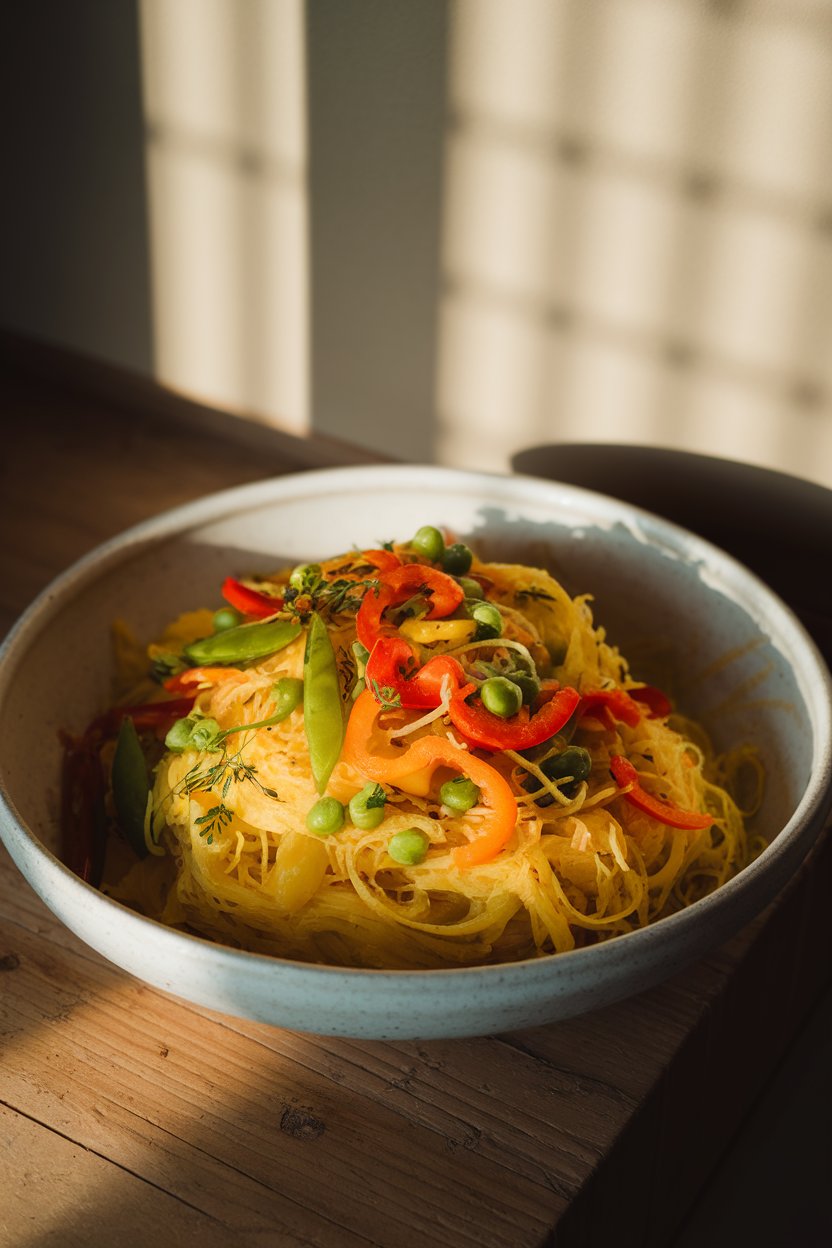 Indoor photo of spaghetti squash strands mixed with colorful bell peppers, snap peas, and herbs in a wide white bowl. No text or logos.
