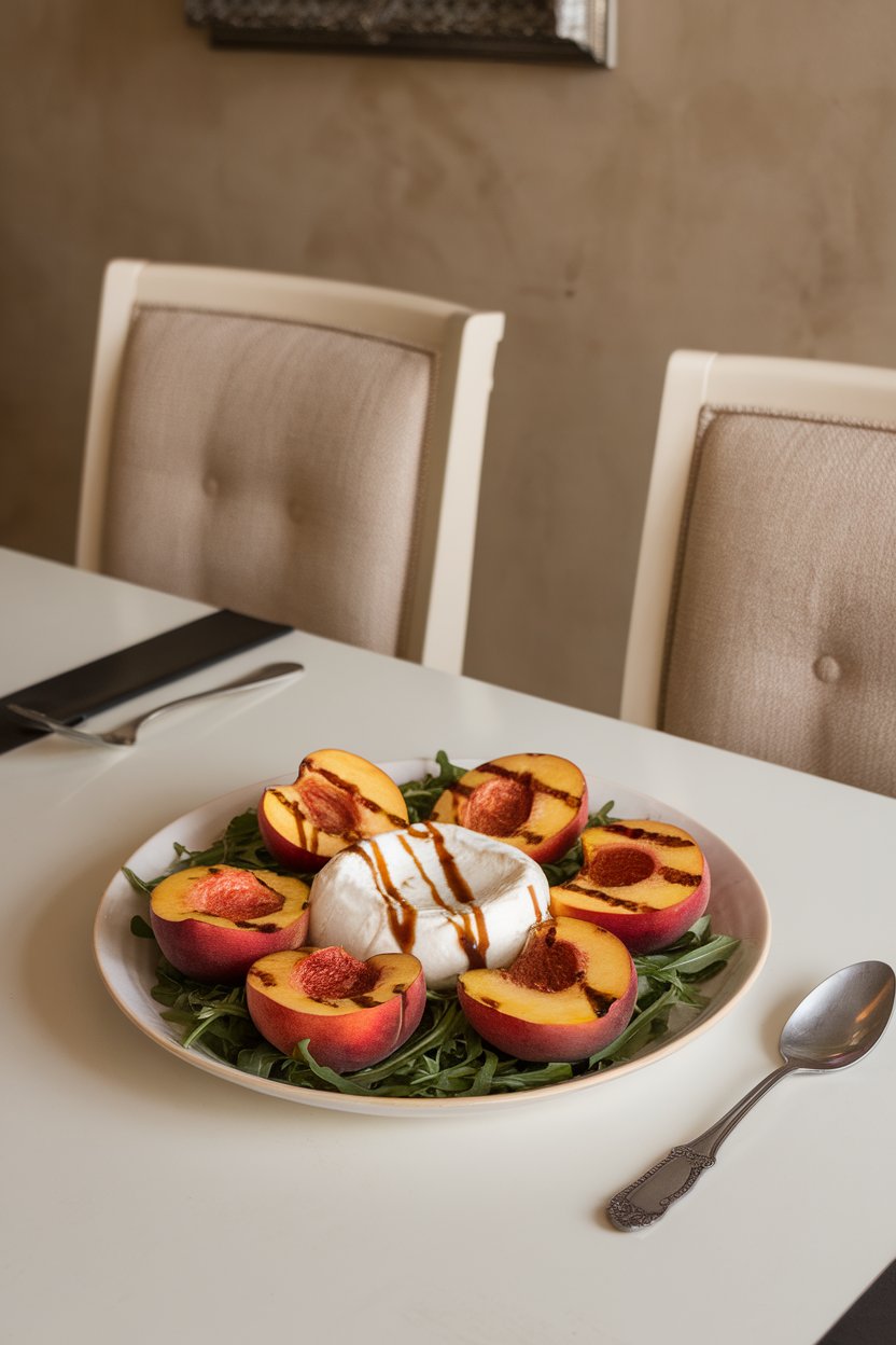 Indoor dining room scene featuring grilled peach halves with pool of creamy burrata on arugula, drizzled with balsamic glaze. Photo only, no text or logos.